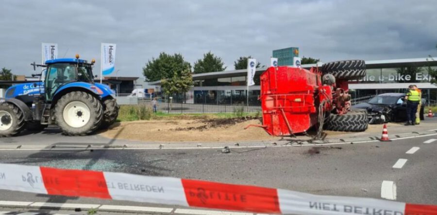 Trekker kantelt in Waalwijk: automobilist raakt bekneld